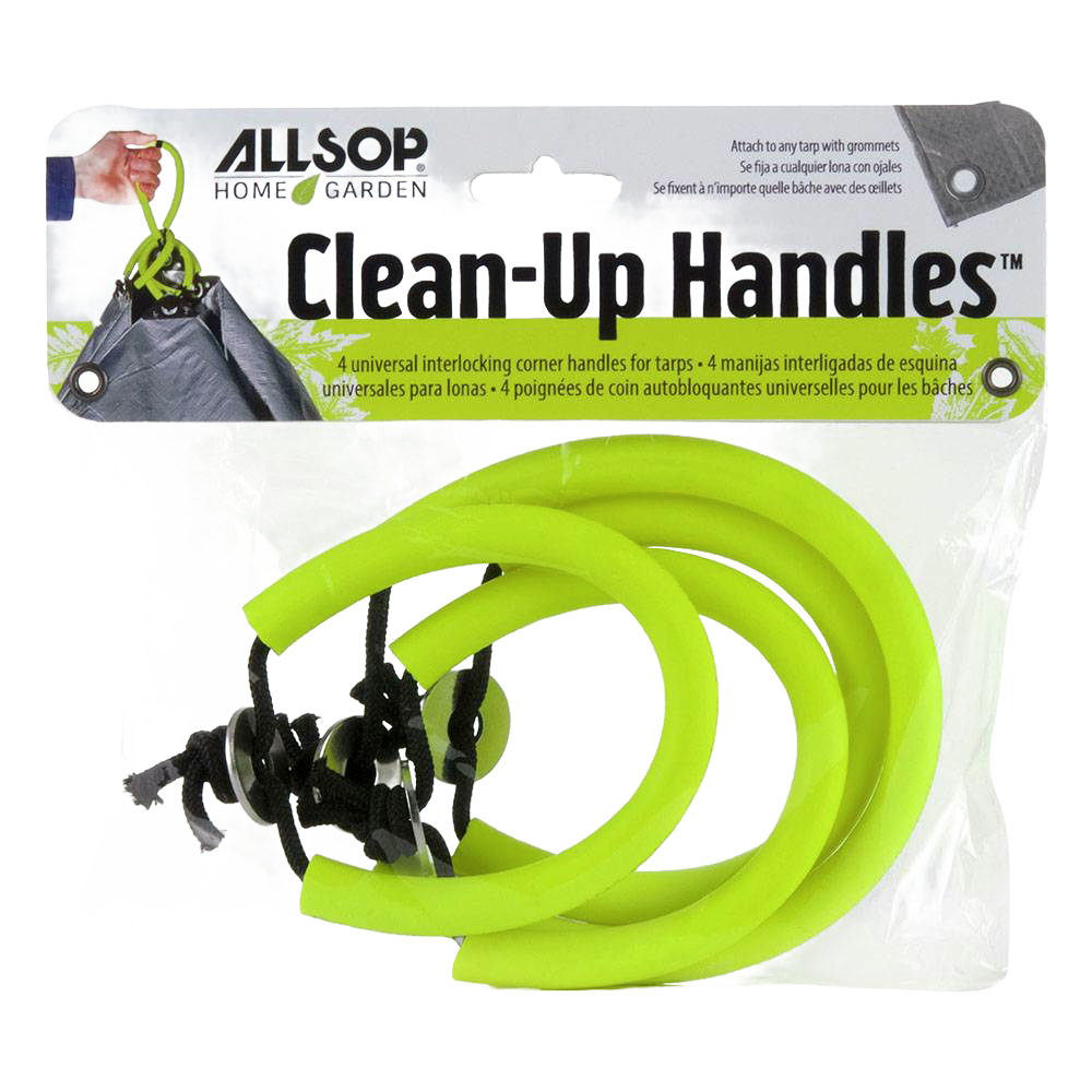 Set of four bright yellow interlocking rubber handles with black ties, designed to attach to tarp corners for convenient yard cleanup, suitable for Farm, Garden & Tool and Lawncare collections.
