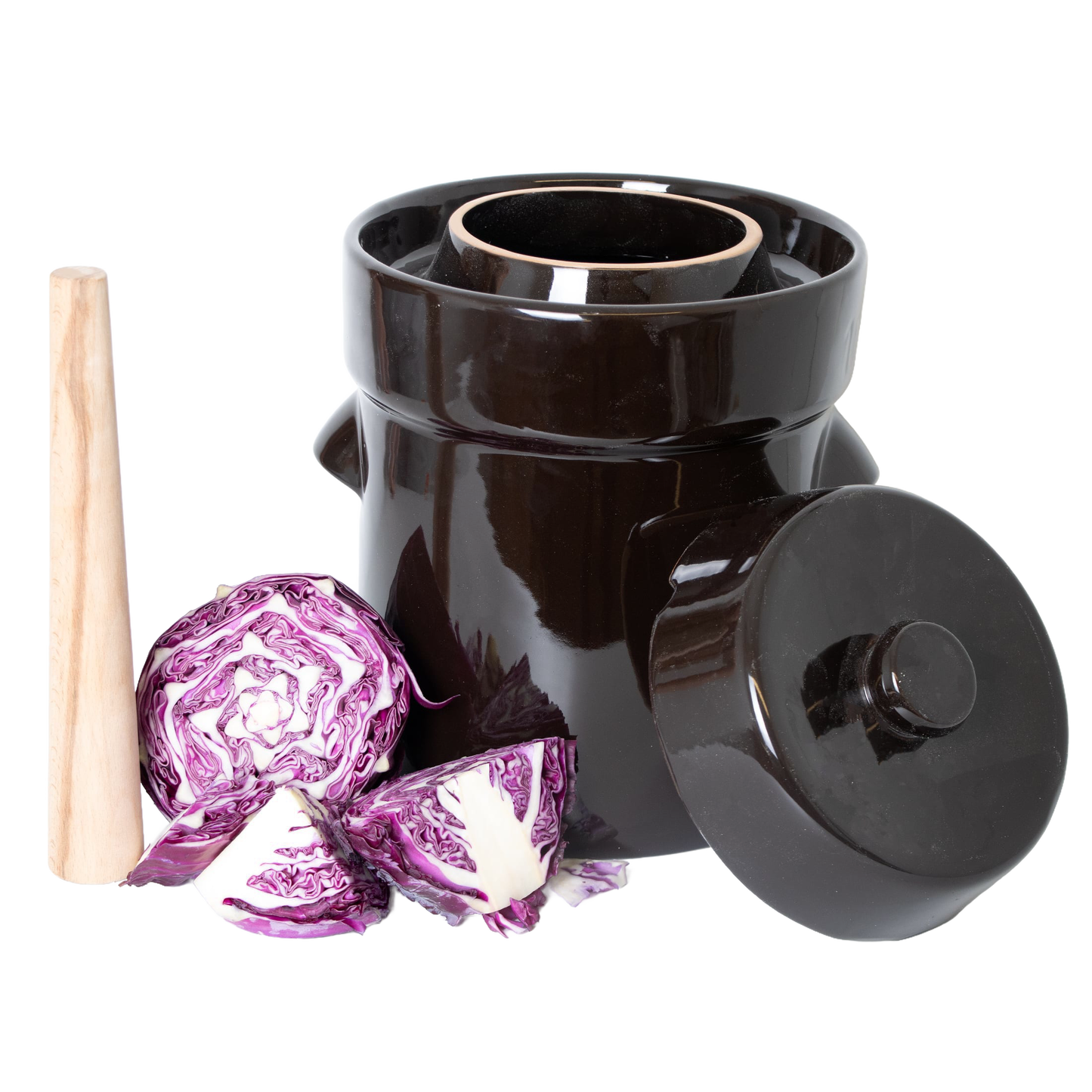 Handcrafted dark stoneware fermenting crock with lid, wooden stomper, and inner weights, shown with fresh purple cabbage, perfect for Kitchen & Food, Food Preservation, Fermenting and Pickling, Best Sellers, and Promo Eligible collections.