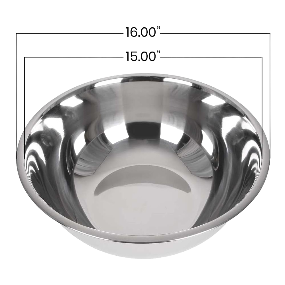 Large heavy-gauge stainless steel mixing bowl with polished finish, designed for Kitchen & Food, Storage and Serving, Best Sellers, and Promo Eligible collections.