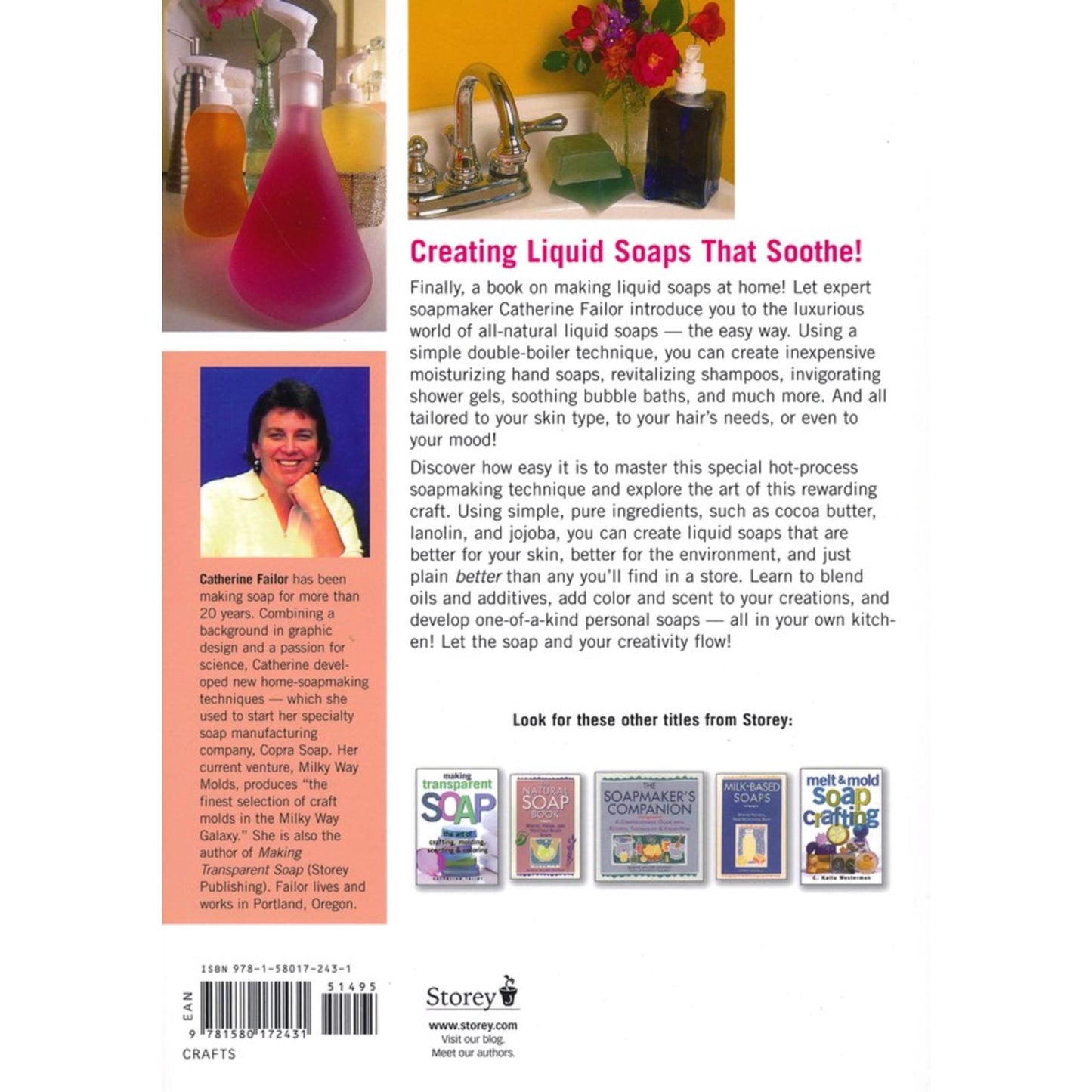 Back cover of a book featuring an introduction to making natural liquid soaps using simple, all-natural ingredients with expert guidance, ideal for health and wellness and soapmaking enthusiasts.