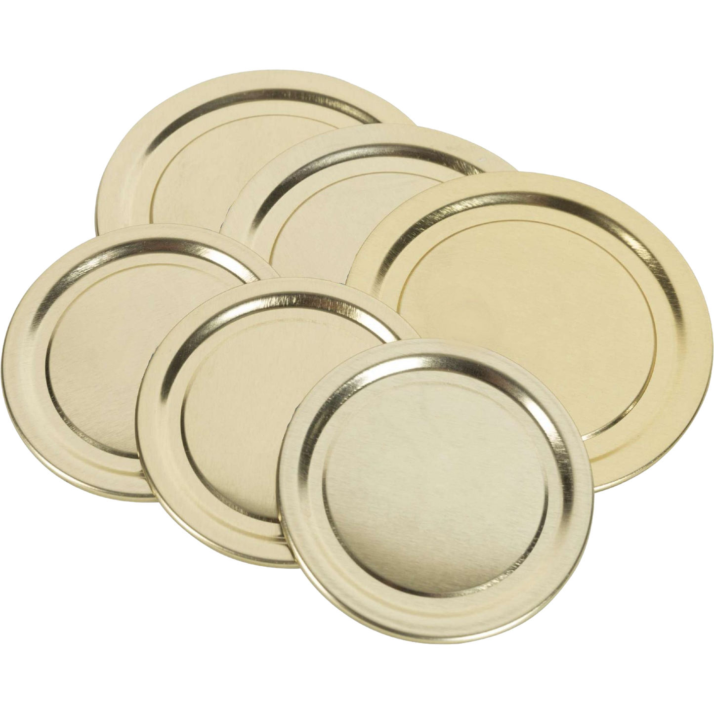 Set of six wide-mouth metal canning jar lids in a smooth, gold-tone finish, engineered for reliable sealing and food preservation in Kitchen & Food and Canning collections.