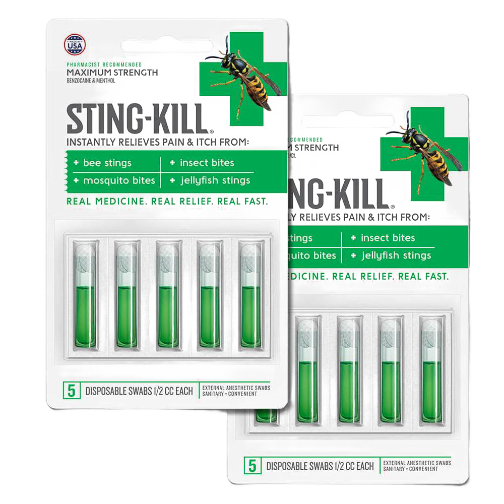Two packs of disposable swabs with benzocaine and menthol for fast relief from bee stings, mosquito bites, insect bites, and jellyfish stings, crafted in USA, featured in Health & Wellness, Camping, and Best Sellers collections.