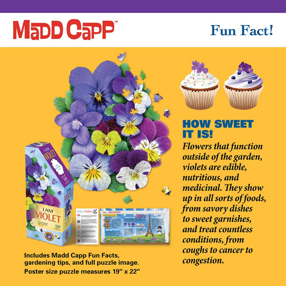 Colorful promotional graphic showing vibrant violet flowers, a box of shaped jigsaw puzzle pieces, and text sharing fun facts about edible and medicinal uses of violets, ideal for Toys, Books & Games collections.