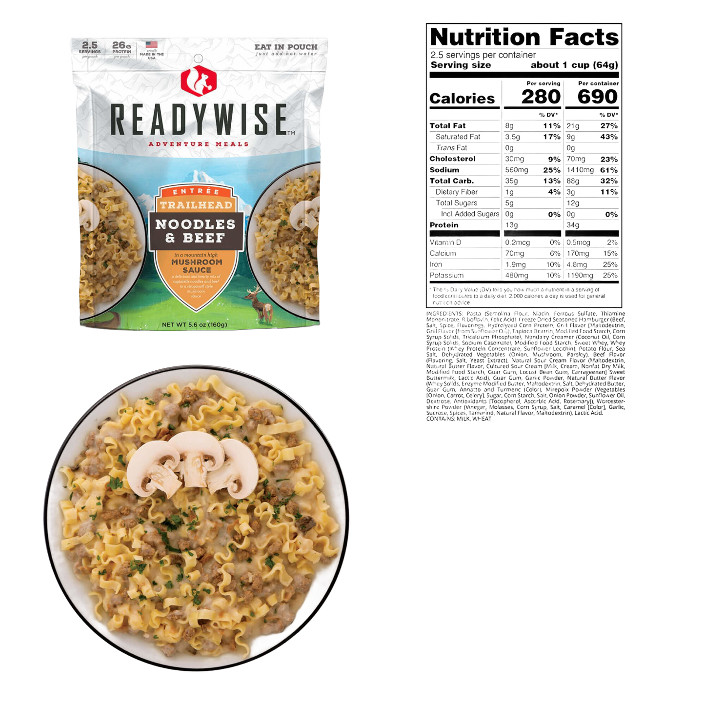 ReadyWise Trailhead noodles and beef meal pouch with mushroom sauce packaging alongside a prepared serving garnished with mushroom slices and a nutrition facts label, ideal for camping and emergency supplies.