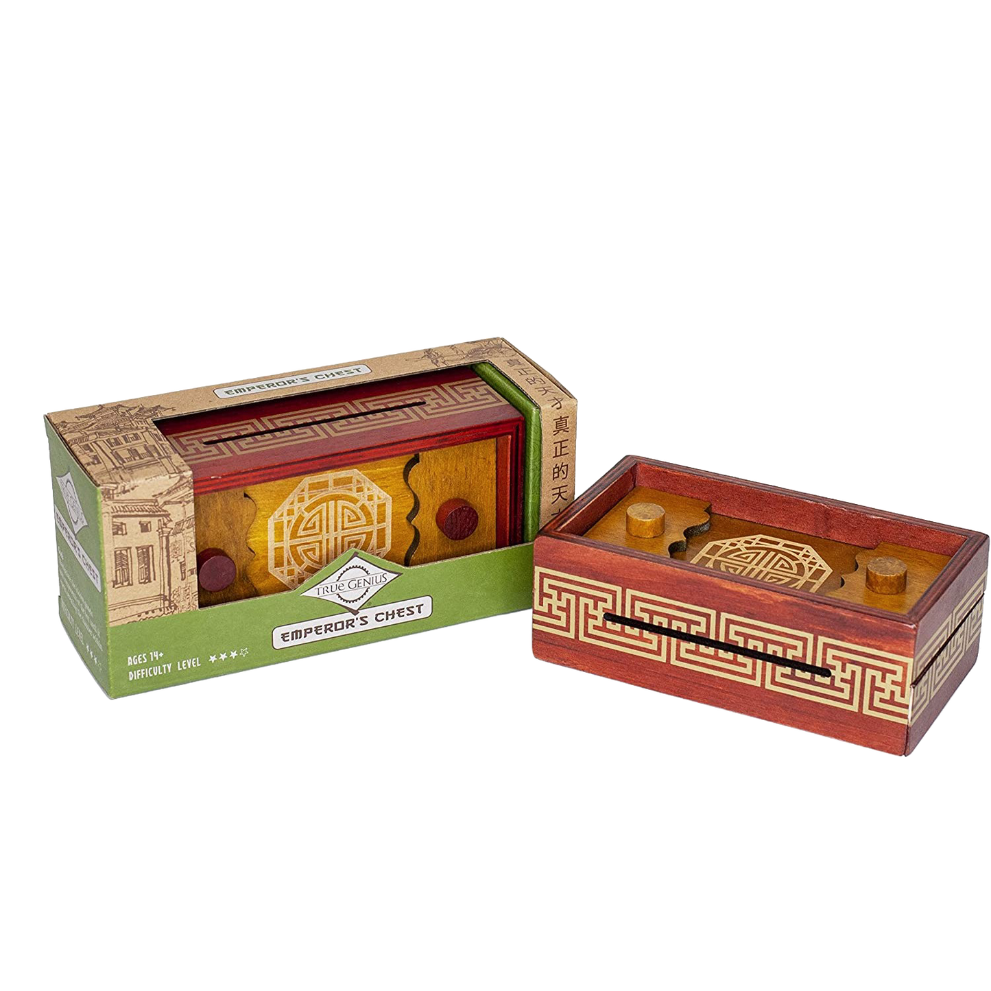 Wooden brainteaser puzzle box with intricate geometric patterns and Chinese-inspired motifs, designed for children's toys and puzzle collections.