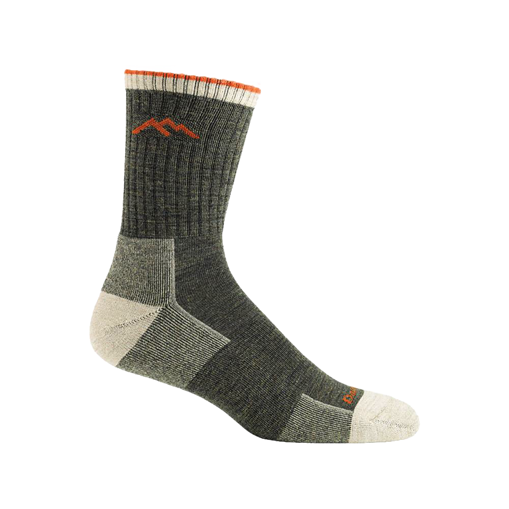 Men’s midweight hiking sock in deep olive with cushioned sole, reinforced heel and toe, highlighted with orange mountain logo and cuff accents, crafted in USA, suited for Camping, Health & Wellness, Clothing and Accessories, USA Made, Best Sellers, and Promo Eligible collections at Lehman’s.