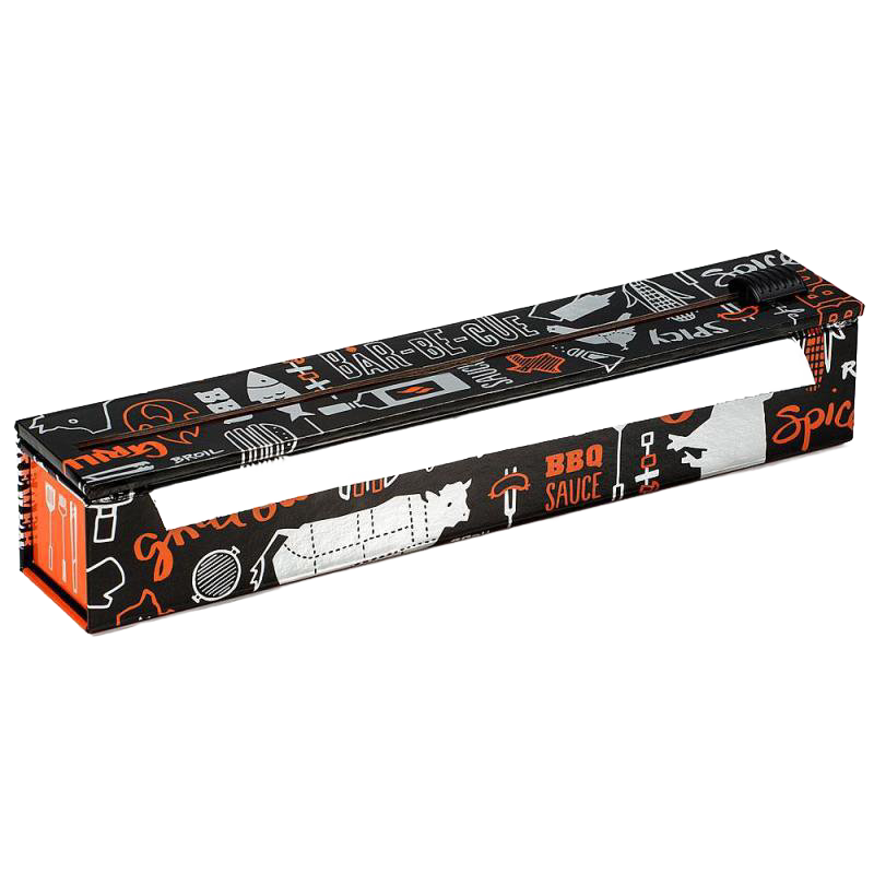 Professional-grade aluminum foil dispenser with black and orange BBQ-themed graphics, featuring a built-in cutter and non-skid rubber feet, ideal for Kitchen & Food and Cookware collections.