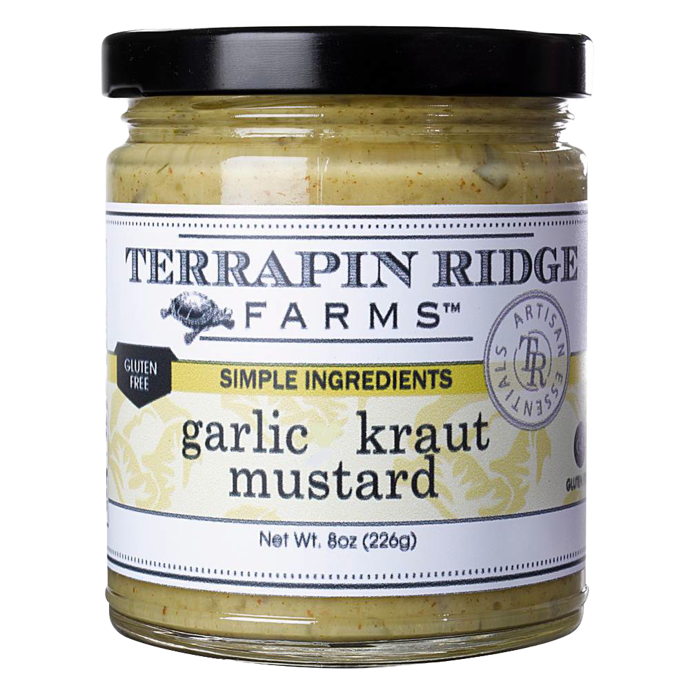 Glass jar of garlic kraut mustard with black lid, featuring gluten free label and simple ingredients branding, part of Kitchen & Food, Pantry, and USA Made collections.