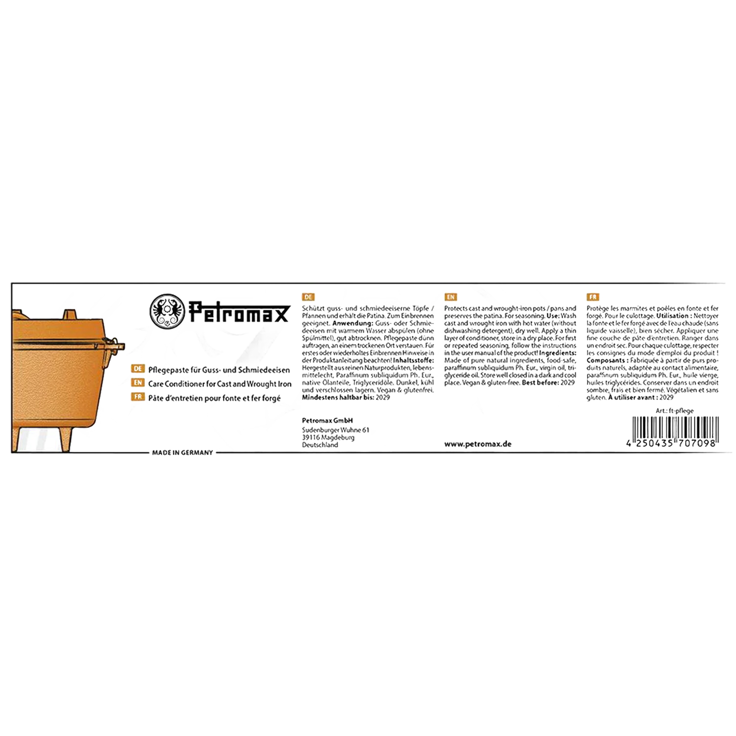 Petromax Care Conditioner label displaying product information for maintaining and preserving the finish of cast and wrought iron cookware, suitable for Kitchen & Food, Cookware, Cast Iron, Best Sellers, and Promo Eligible collections.