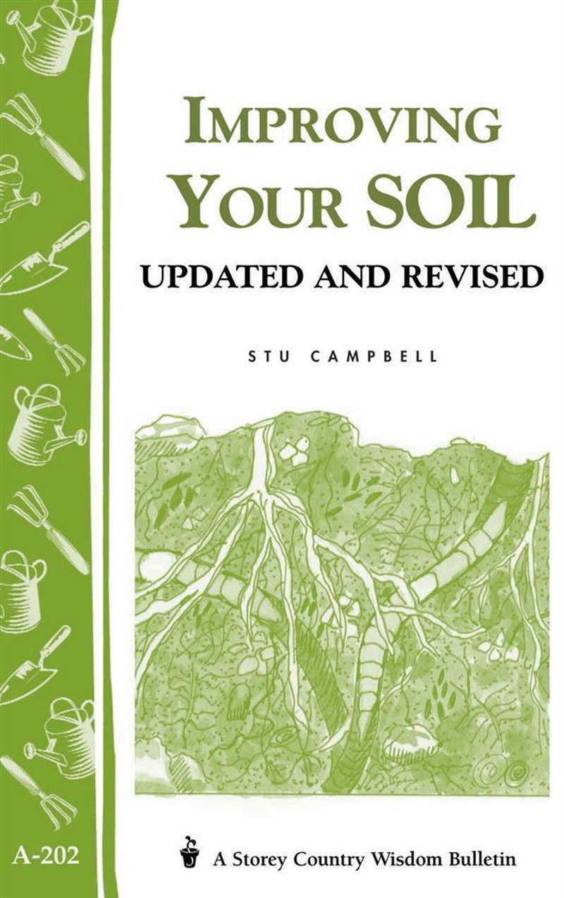 Cover of a gardening book featuring green illustrations of roots and soil, bordered with sketches of watering cans and gardening tools, ideal for home and garden how-to collections.