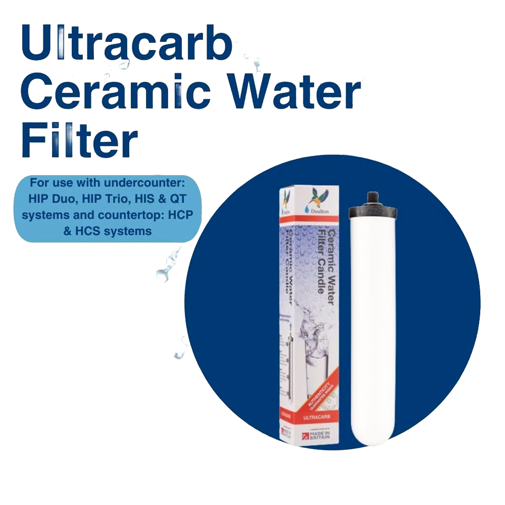 Replacement ceramic water filter element with activated carbon, compatible with undercounter and countertop Doulton systems, featured in Appliances, Emergency Supplies, and Water Heating and Treatment collections.