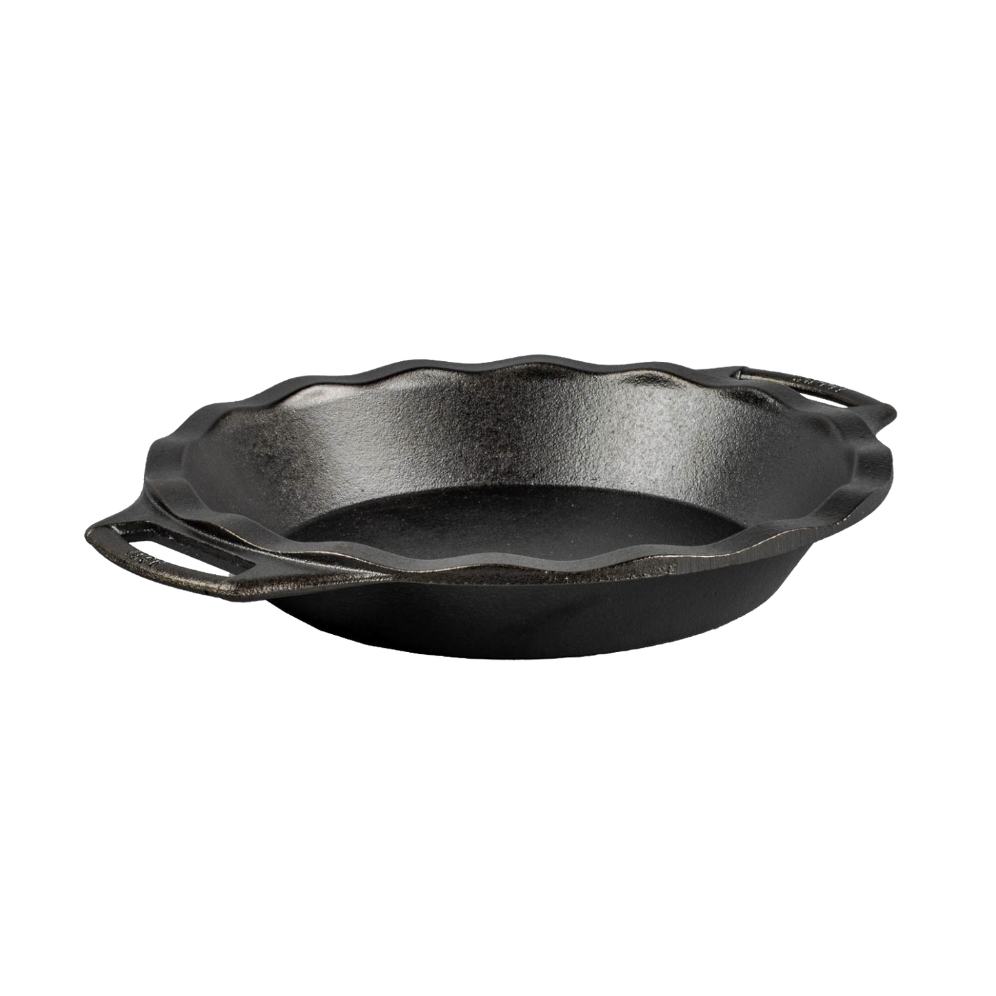 Seasoned 9-inch cast iron pie pan with dual handles for easy lifting, known for even heat retention, handcrafted in the USA, ideal for Kitchen & Food, Cookware, and Baking Supplies collections.