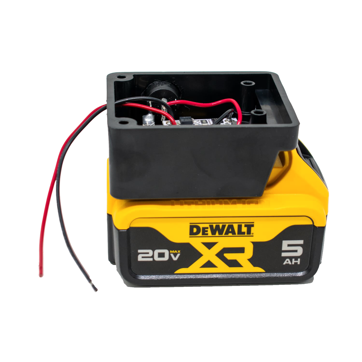 Black battery light adapter box with red and black wiring mounted on a yellow and black 20V DeWalt XR 5Ah battery, designed for reliable LED lighting in Lamps & Lighting and Battery, Solar, LED collections.
