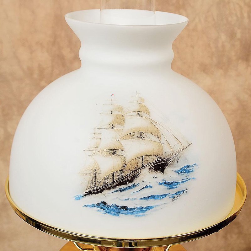 Handcrafted glass oil lamp shade with a detailed sailing ship sailing on blue waves, designed for lamps with Aladdin 10" shade rings, ideal for Lamps & Lighting, Parts and Accessories, Lamp Shades, Best Sellers, and Promo Eligible collections.