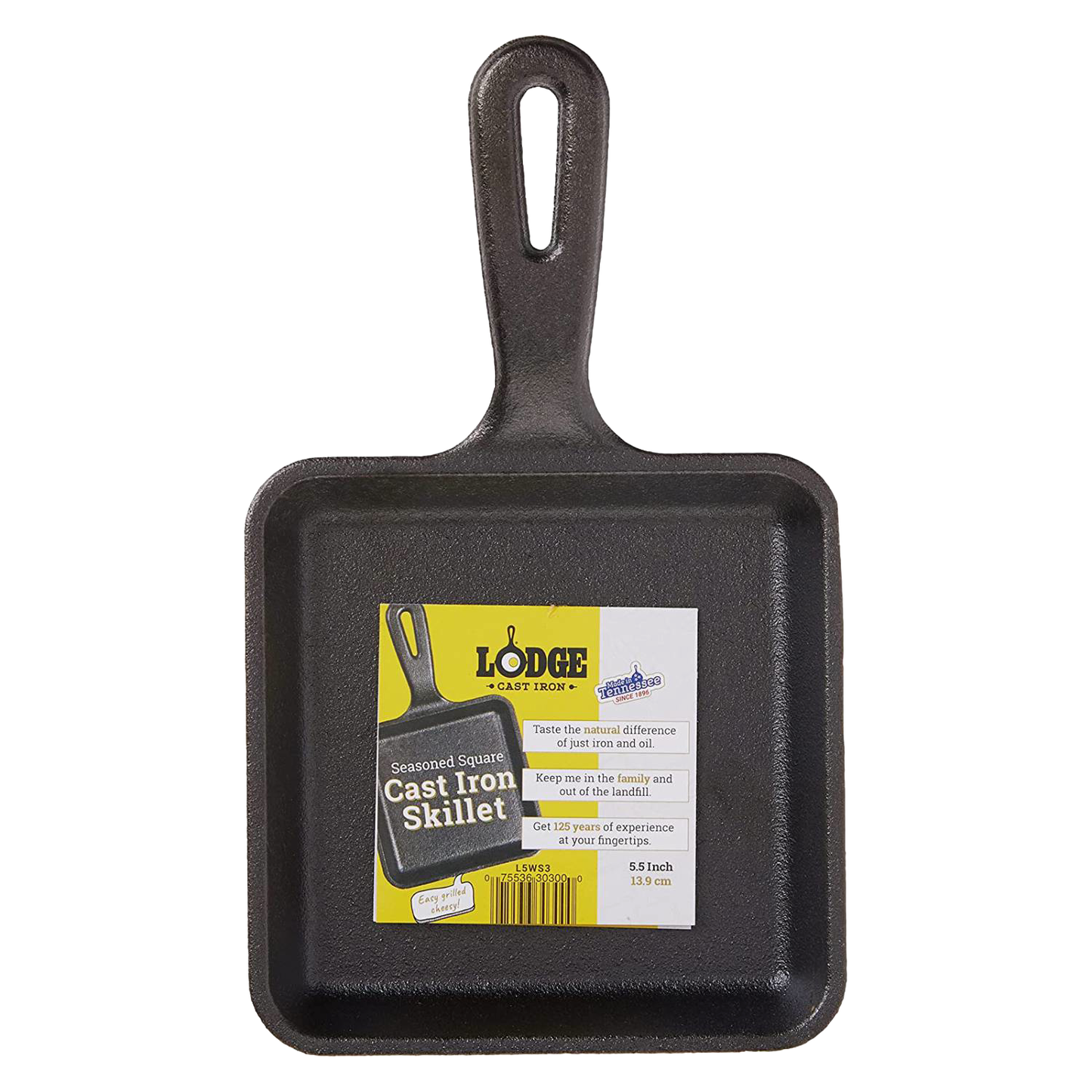 5-inch square cast iron skillet with long handle, pre-seasoned and handcrafted in USA, ideal for cooking small meals; featured in Farm, Garden & Tool, Kitchen & Food, Camping, Cookware, and Cast Iron collections.