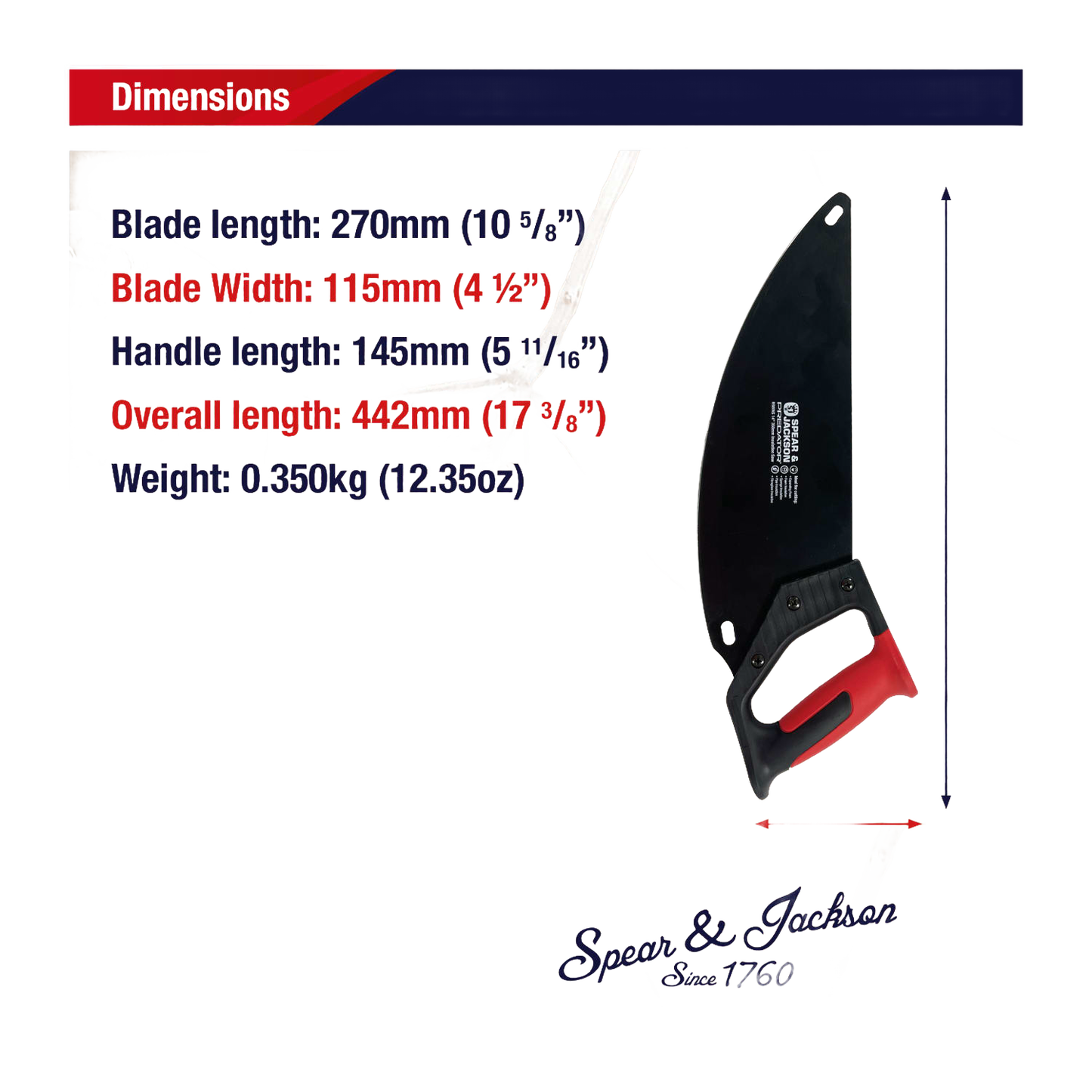 Insulation saw with a black carbon steel curved blade and red and black ergonomic handle, detailed with precise dimensions for Farm, Garden & Tool, Hand Tools and Hardware collections.