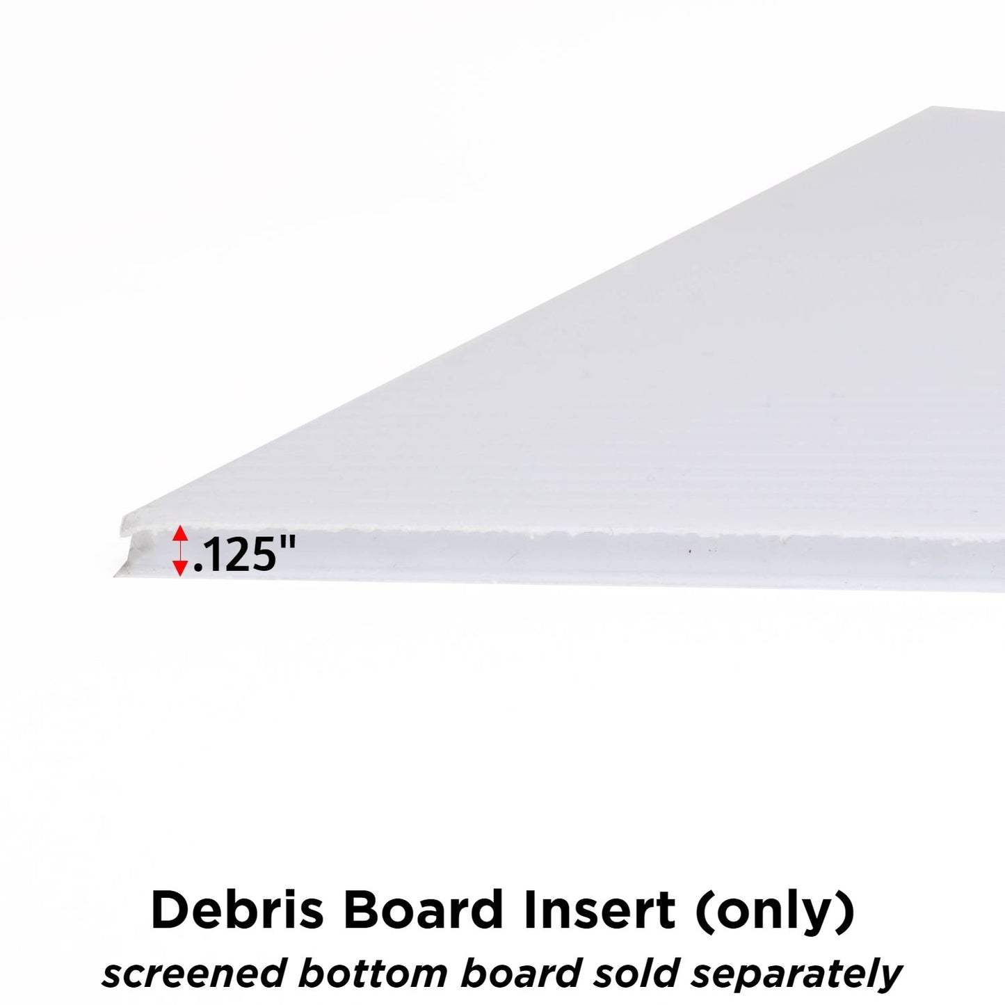 Close-up of a handcrafted Amish made white Coroplast debris board insert, designed to easily slide into an 8-frame screen base for monitoring mites in beekeeping and farm tool collections.