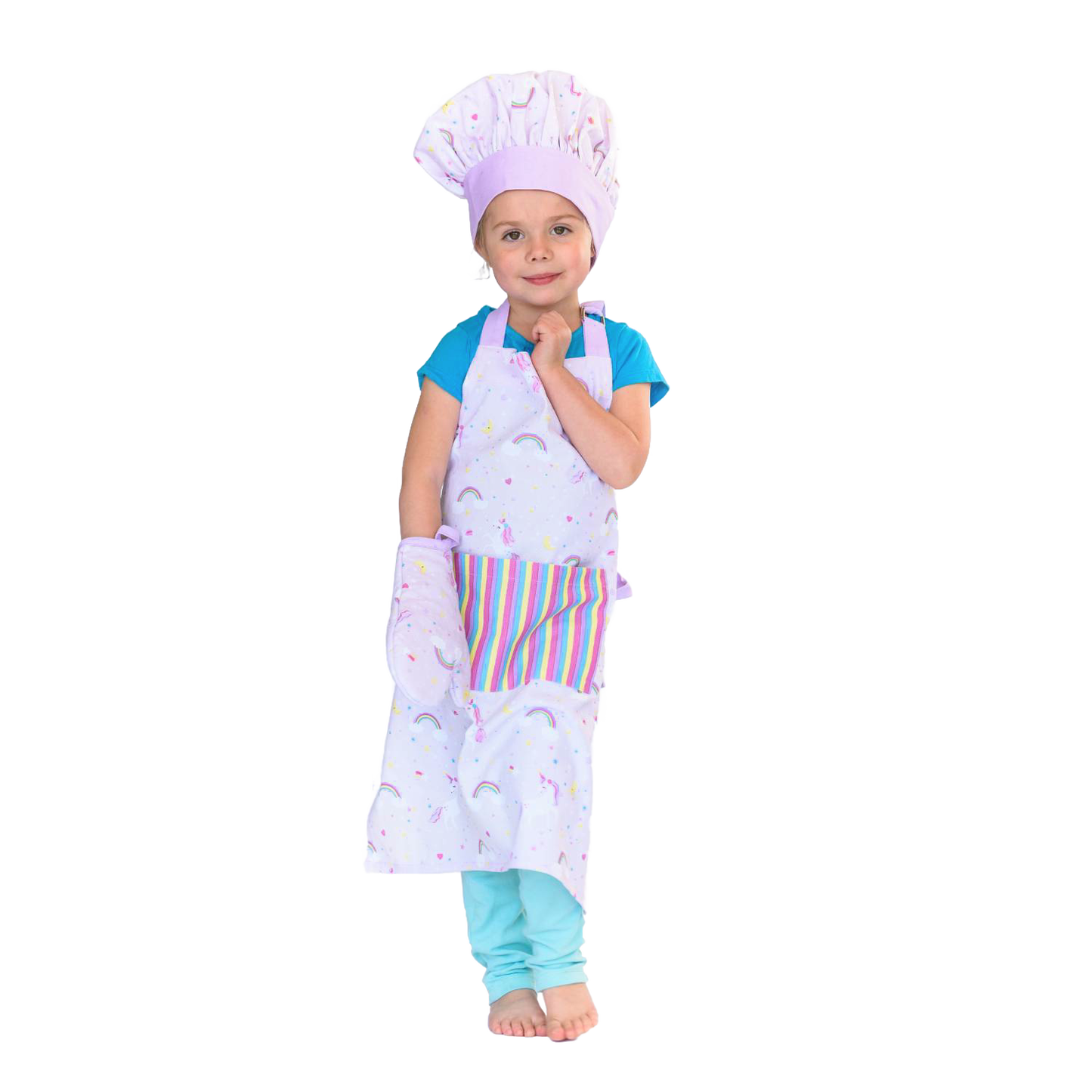 Child wearing a pastel apron, matching chef hat, and oven mitt with rainbow and unicorn designs, standing barefoot, ideal for Kitchen & Food, Children's Toys, and Arts and Crafts collections.