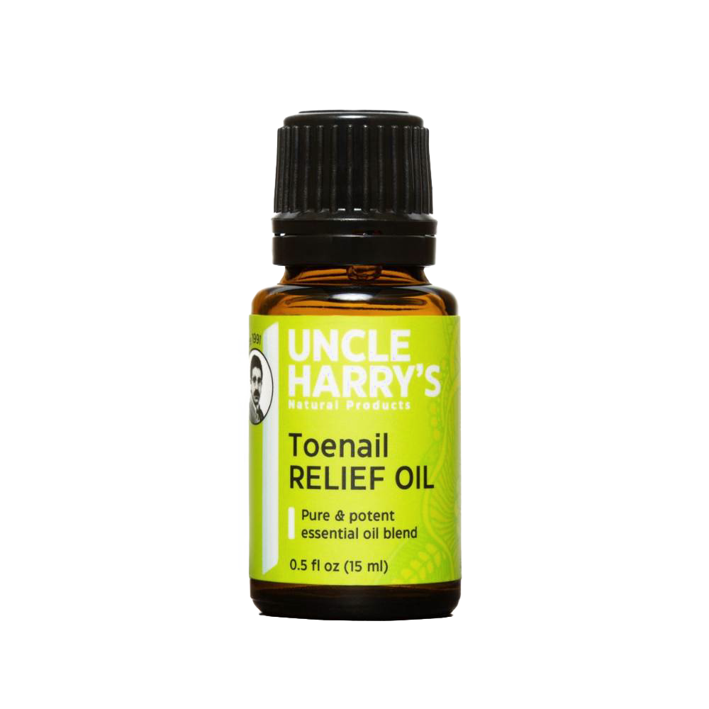 Amber glass bottle of handcrafted toenail relief oil made in USA, featuring a pure essential oil blend for natural foot care in health and grooming collections.