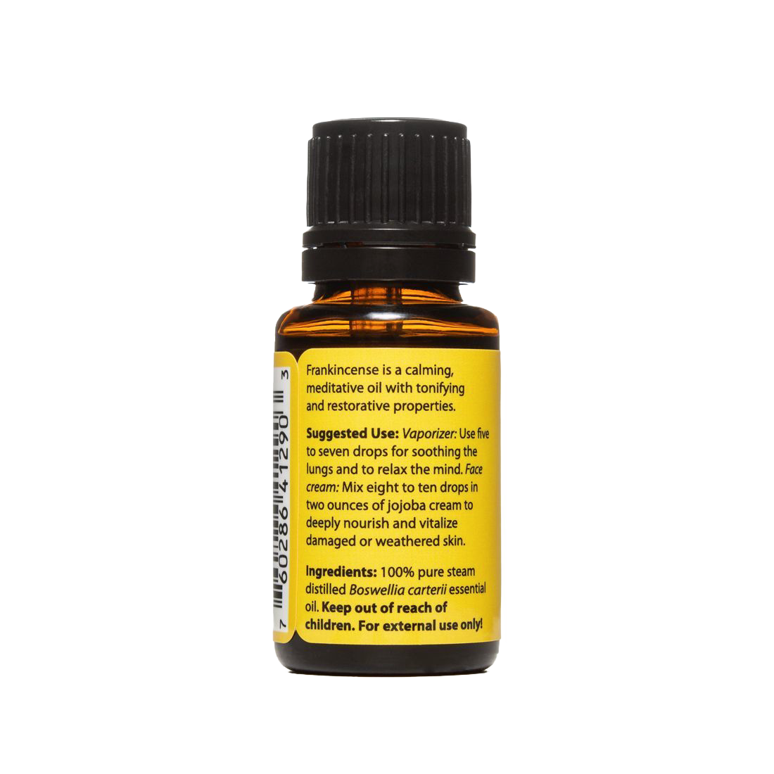 Amber glass bottle of pure steam-distilled frankincense essential oil with black cap and yellow label detailing calming, tonifying properties, made in USA, ideal for health remedies and wellness collections.
