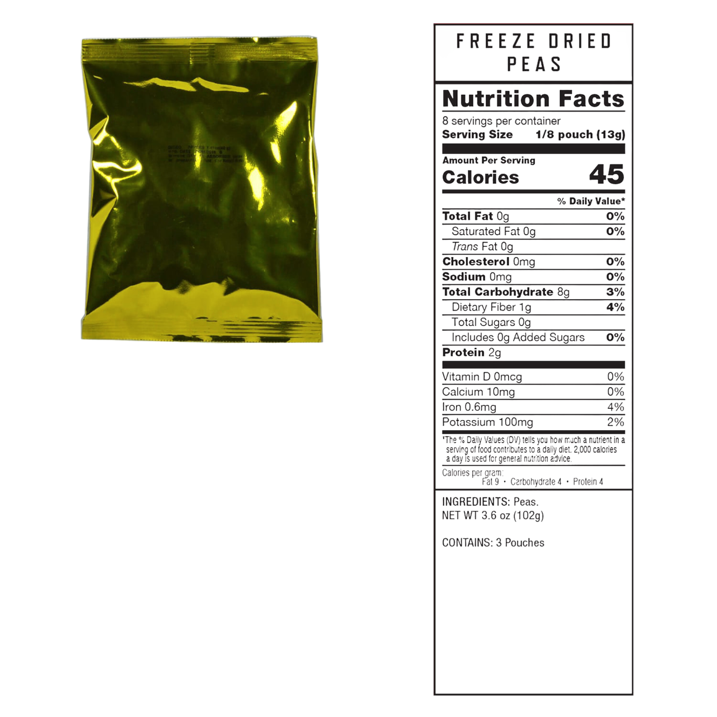 Reflective gold foil pouch package of freeze-dried peas with a nutrition facts label displayed beside it, ideal for Farm, Garden & Tool, Kitchen & Food, Emergency Supplies, and Freeze Dried collections.