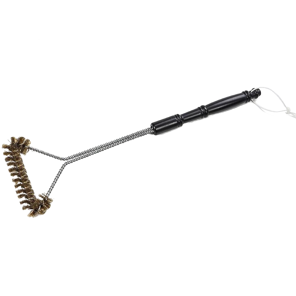Barbecue brush with heavy-duty brass bristles and a black handle featuring a hanging loop, designed for durable grill cleaning without scratching porcelain grids, made in USA.
