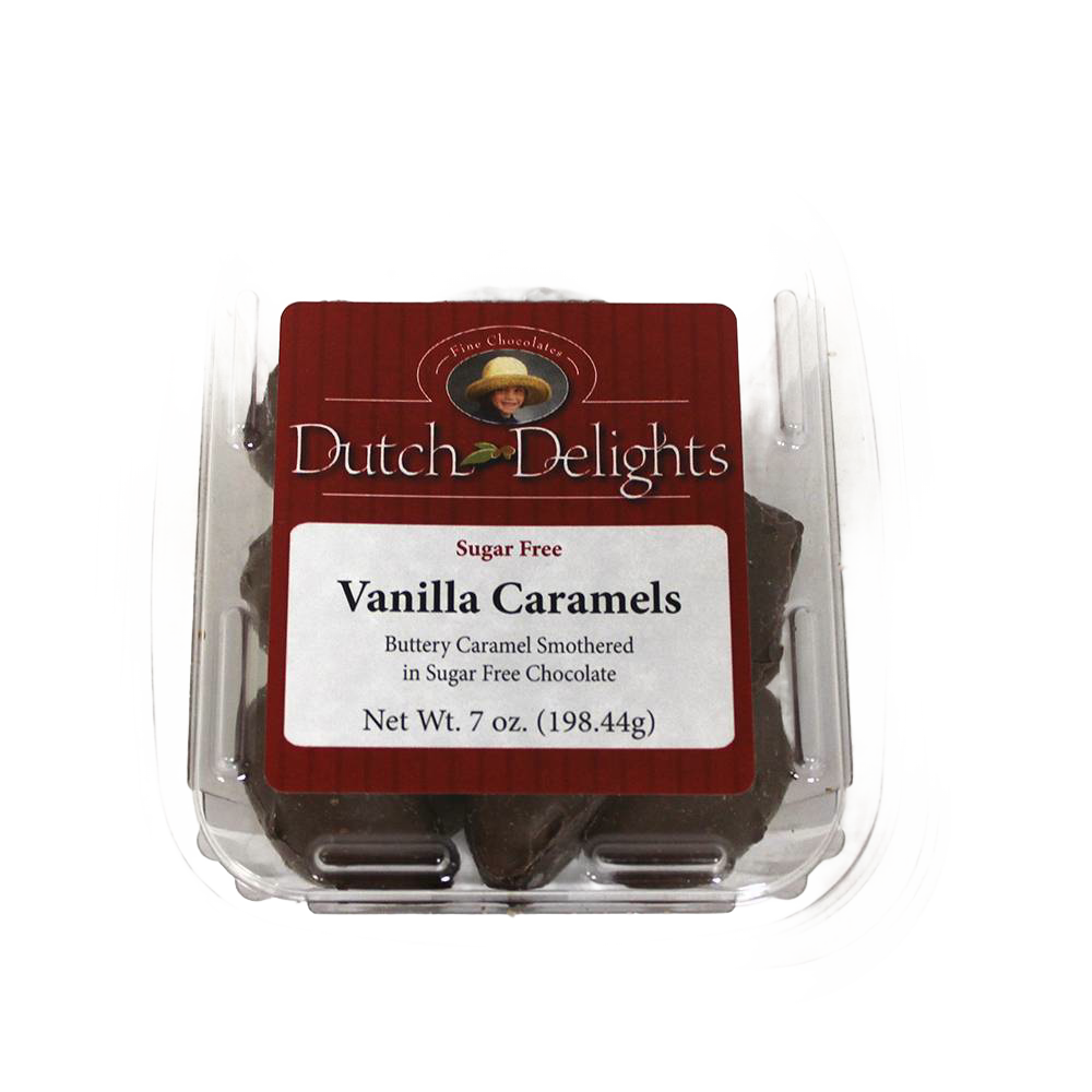 Handcrafted 7-ounce container of sugar-free vanilla caramels with buttery caramel and sugar-free chocolate, made in USA, featured in Kitchen & Food, Snacks and Sweets, and Candy collections.