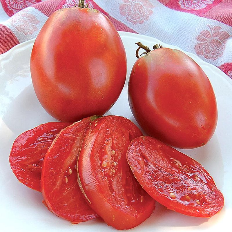 Two bright red heirloom tomatoes with an elongated shape resting on a white plate alongside several fresh tomato slices, showcasing a handcrafted variety in Farm, Garden & Tool and Seeds and Planting collections.