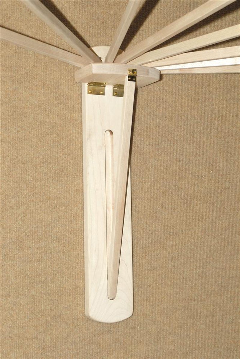 Handcrafted 8-arm wooden wall drying rack made of beautifully sanded maple with zinc-plated hinges, designed for space-saving laundry drying; featured in Home & Decor, Laundry Supplies, USA Made, Amish Made, and Best Sellers collections.