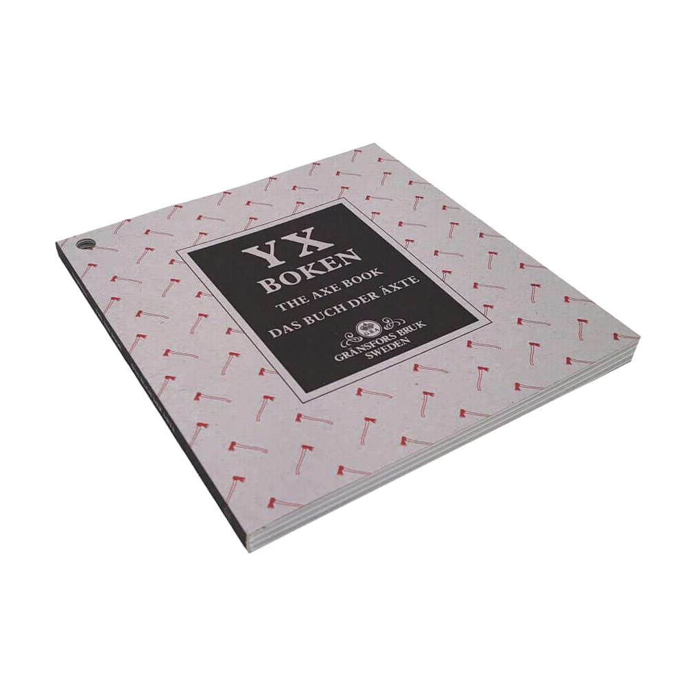 Square book titled "Yx Boken The Axe Book" with a pattern of small red axes on a light background, featuring information on axes, suitable for Farm, Garden & Tool and Books collections.