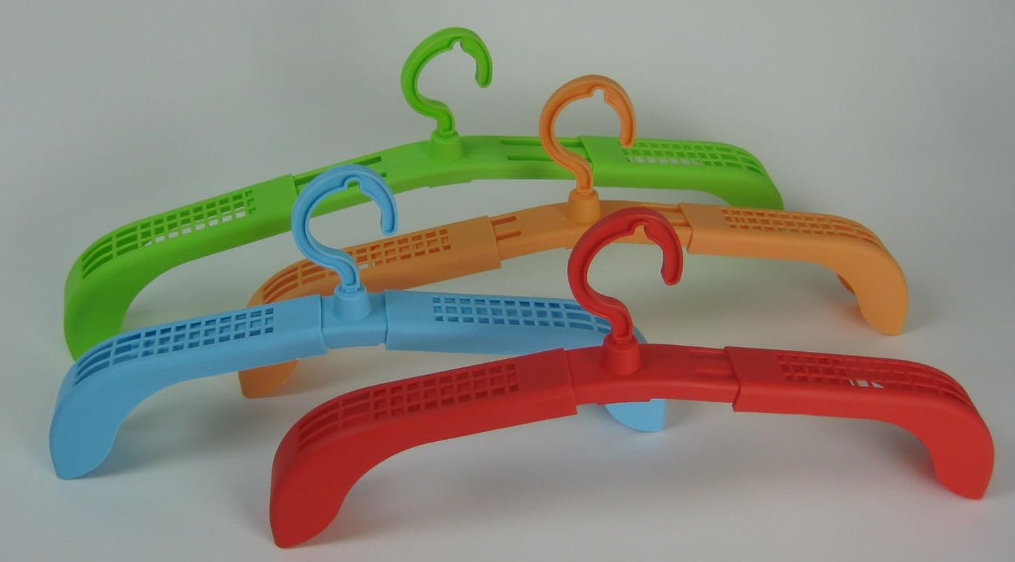 Set of four brightly colored, expandable plastic hangers with swivel hooks and ventilation holes for quicker drying, ideal for Home & Decor and Laundry Supplies collections.