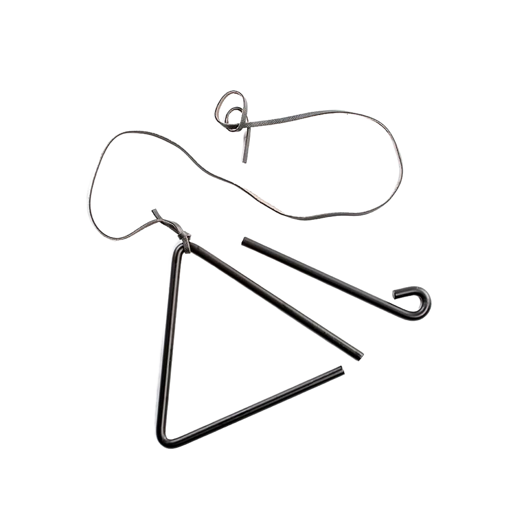 Steel triangle dinner bell with striker and black leather hanging strap, handcrafted for home and decor use, featured in best sellers and promo eligible collections.
