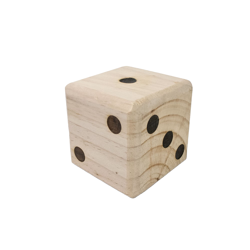 Handcrafted wooden yard die with natural kiln-dried wood and dark round pips, designed for outdoor family games, part of Toys, Books & Games, Lawn Games, and Best Sellers collections.