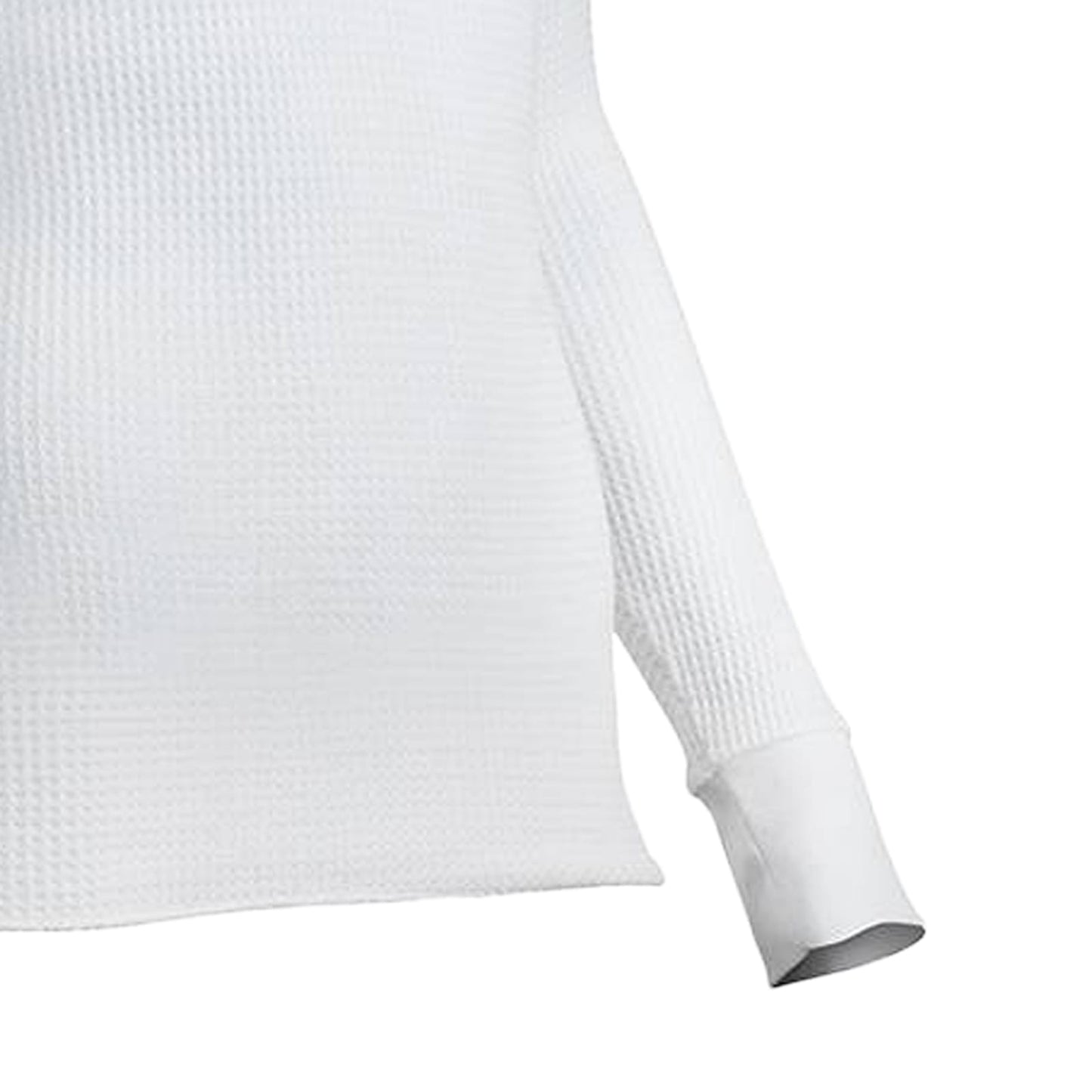 Close-up of a handcrafted cotton-rich white thermal shirt sleeve with a textured circular waffle knit pattern and a smooth cuff, part of Health & Wellness, Clothing and Accessories, Best Sellers, and Promo Eligible collections.