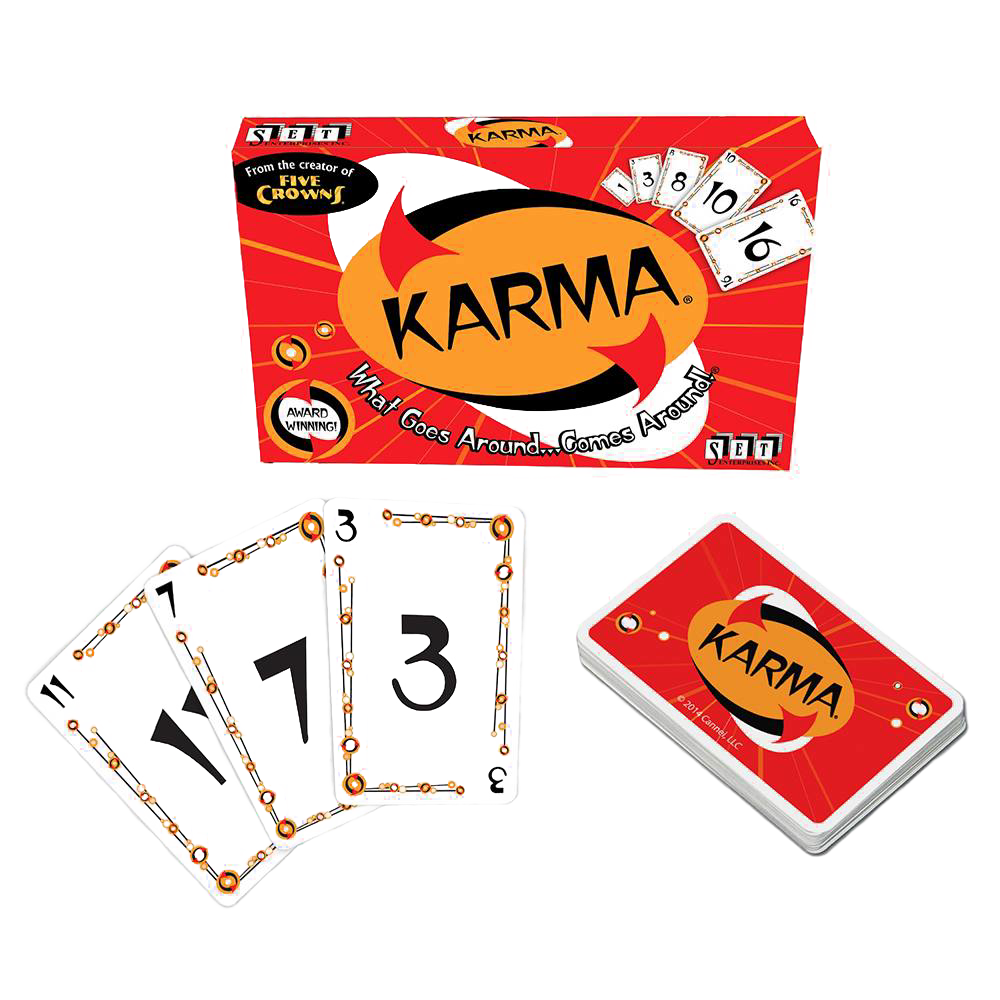 Red Karma card game box with playful logo, tagline “What Goes Around… Comes Around!” and numbered playing cards, featured in Toys, Children's Toys, Games, and Indoor Play collections.