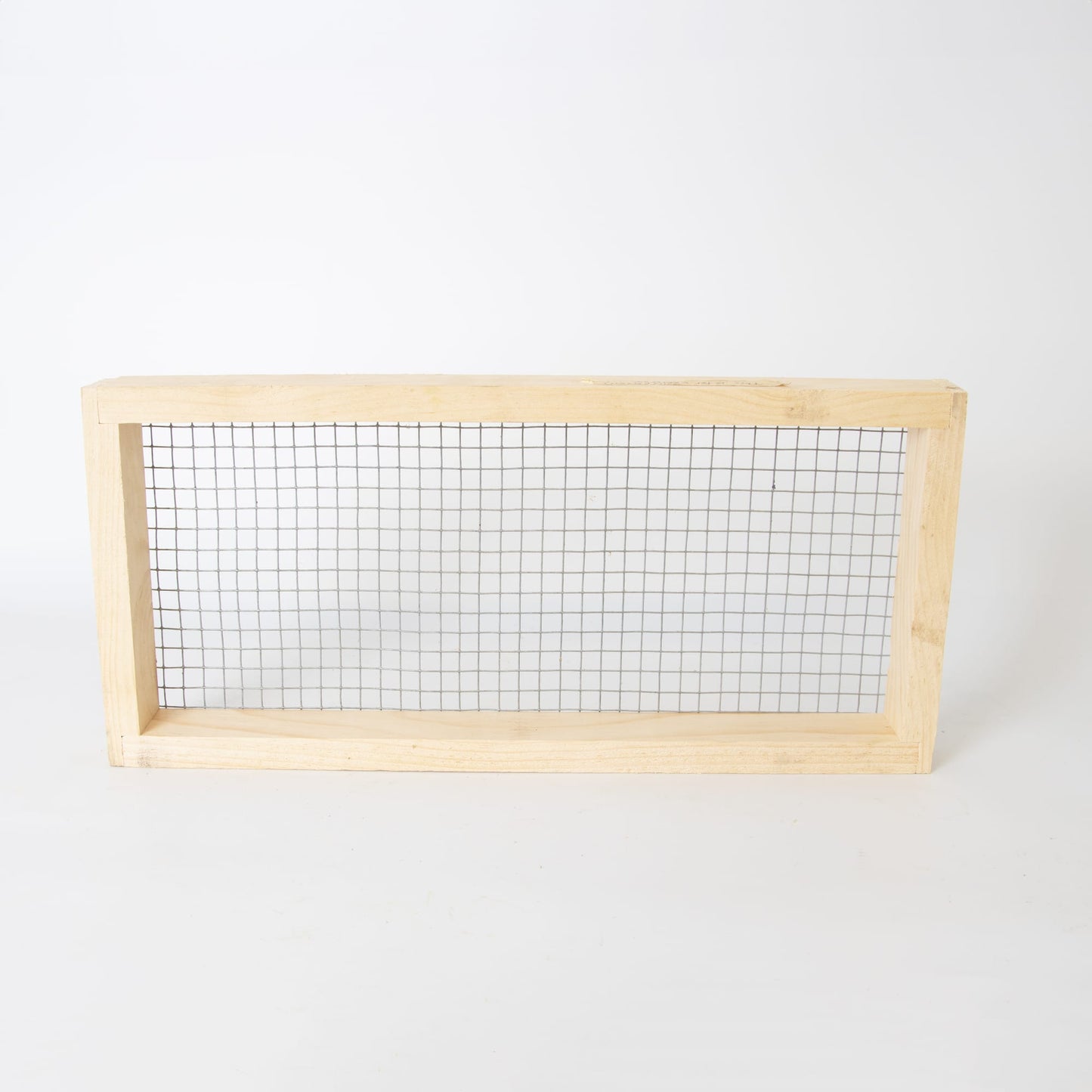 Handcrafted wooden candy board feeder frame with wire mesh, Amish made in the USA, designed for use in 5-frame hives, perfect for beekeeping and farm, garden, and tool collections.