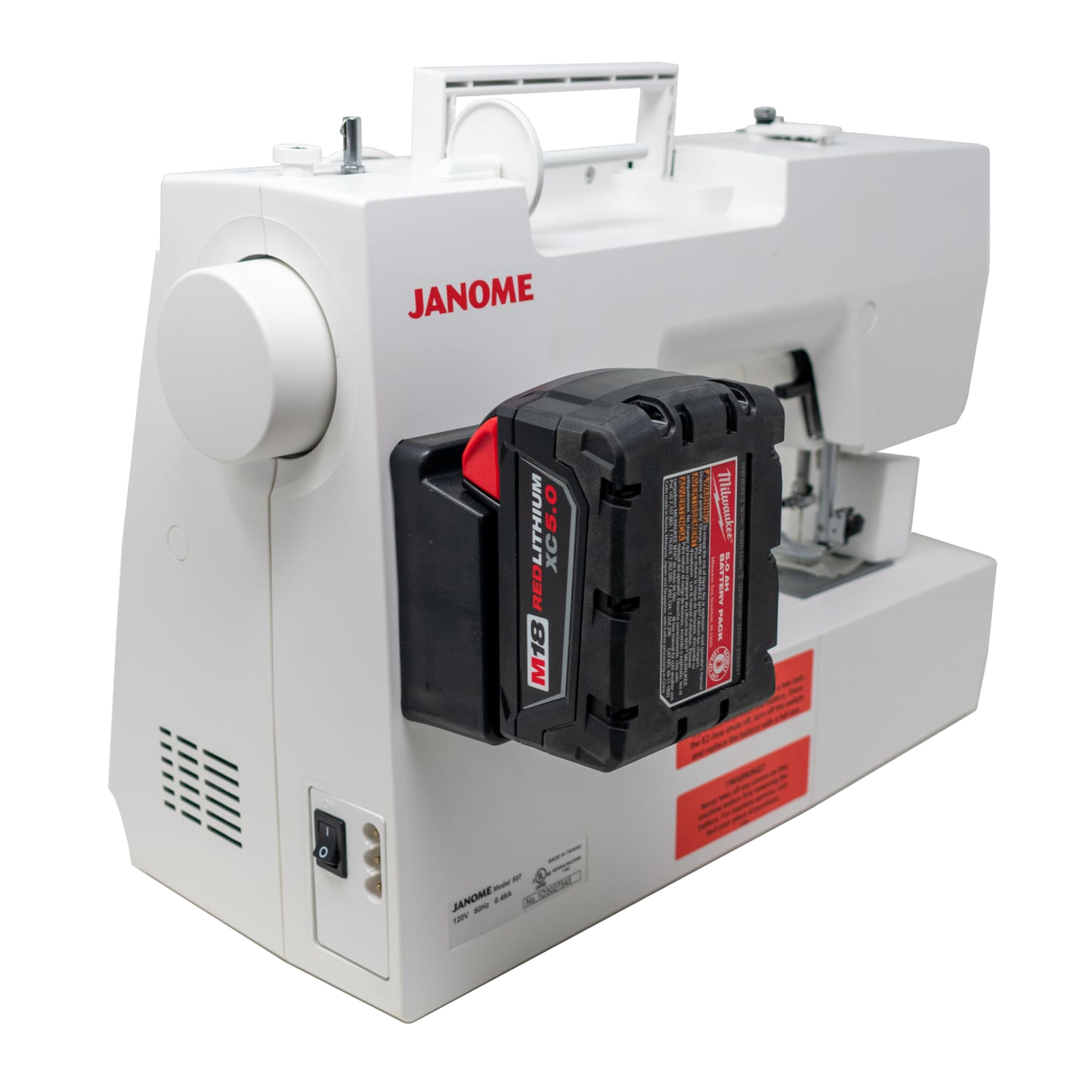 Compact white mechanical sewing machine powered by a Milwaukee battery pack, ideal for homesteading, sewing and quilting projects, featured in farm, garden & tool and best sellers collections.