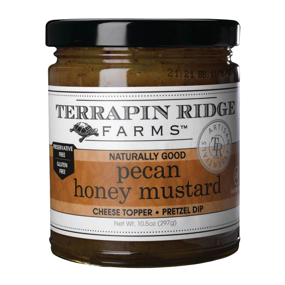 Handcrafted jar of pecan honey mustard in a clear glass container with a black lid, labeled gluten free and preservative free, featured in Kitchen & Food and Gluten Free collections.