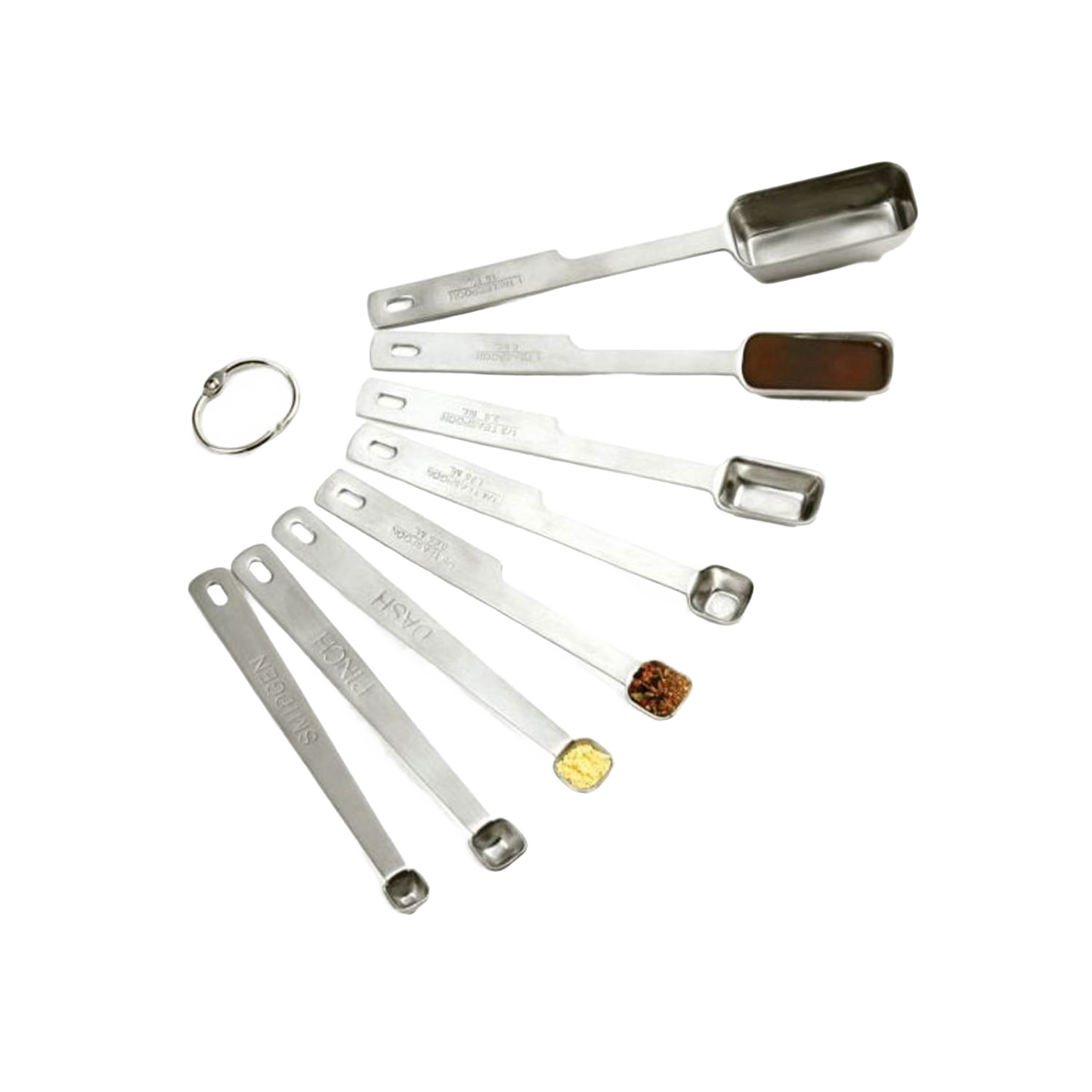 Set of eight stainless steel measuring spoons with deep elongated bowls, including smidgen, pinch, and dash sizes, designed for precise kitchen measuring in baking and food prep collections.