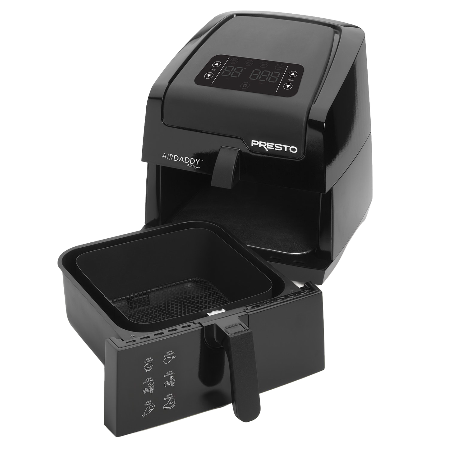 Black air fryer with large removable basket and digital control panel, designed for family-size cooking with little to no oil, ideal for Kitchen & Food, Kitchen Gadgets, Cooking Helpers, and Best Sellers collections.