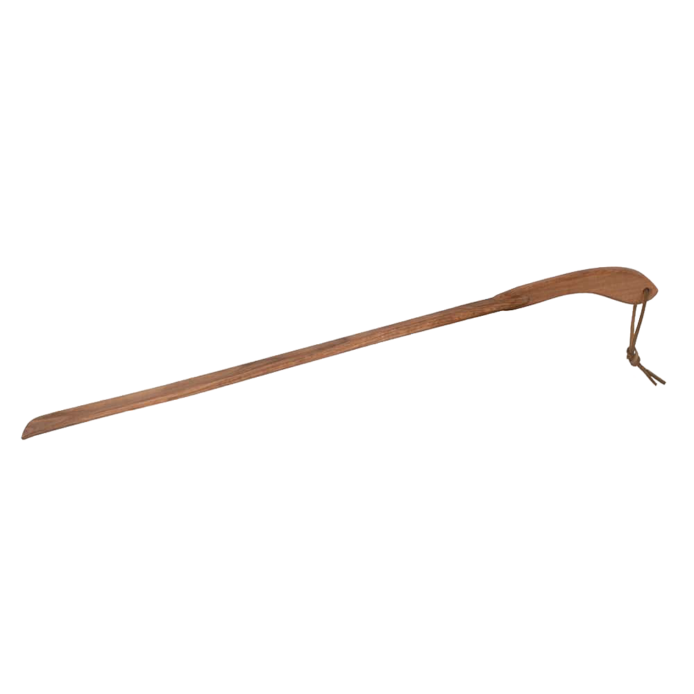 Extra-long handcrafted oiled oak shoe horn with a curved handle and leather hanging strap, designed for easy shoe wearing, featured in Health & Wellness and Household Helpers collections.