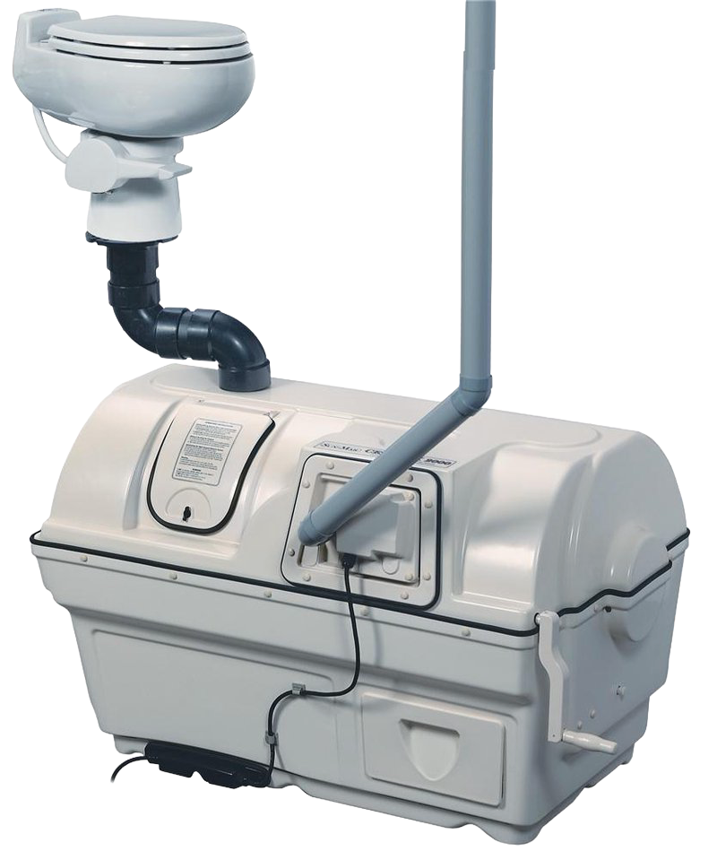 High-capacity composting toilet system in light gray with an enlarged bio-drum and ventilation pipe, designed for extended cottage use; featured in Appliances, Composting Toilets, and Best Sellers collections.