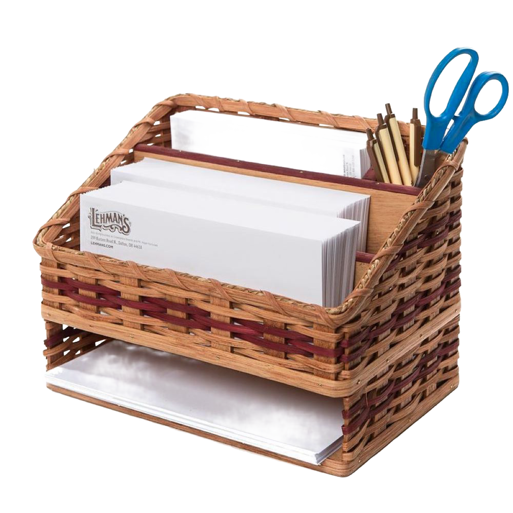 Handcrafted desk organizer with woven Amish-made sides and wooden dividers holding envelopes, pens, and scissors, perfect for Home & Decor, Household Helpers, USA Made, and Best Sellers collections.