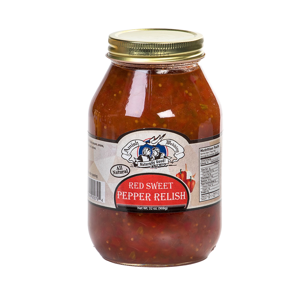 Large glass jar of handcrafted red sweet pepper relish with a gold metal lid, showcasing all-natural ingredients and made in USA for Kitchen & Food, Pantry, Snacks and Sweets, Best Sellers, and Promo Eligible collections.