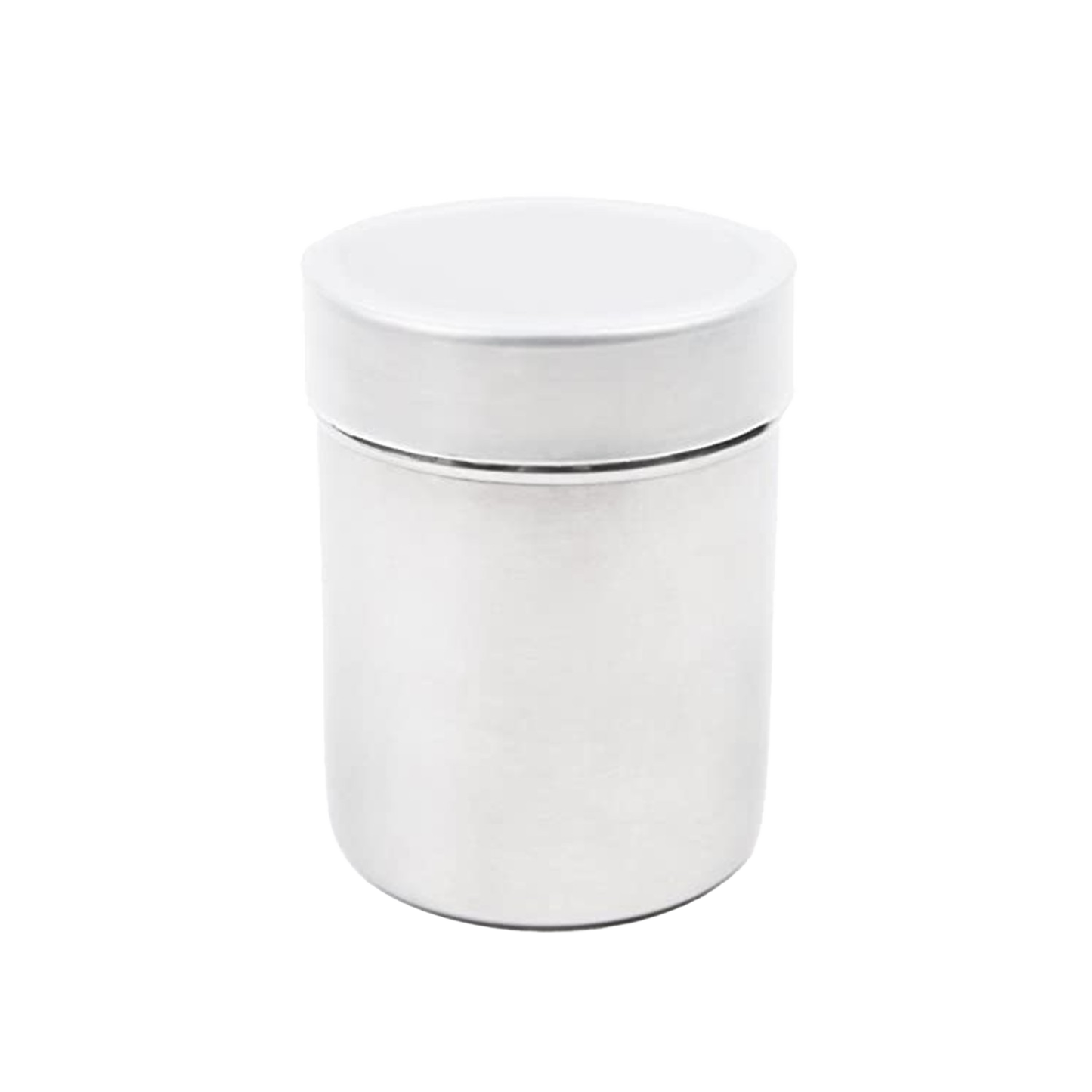 Compact stainless steel shaker with a fine mesh top and twist-lock plastic lid, ideal for delicately sprinkling powders; perfect for Kitchen Gadgets, Cooking Helpers, and Dinnerware collections.
