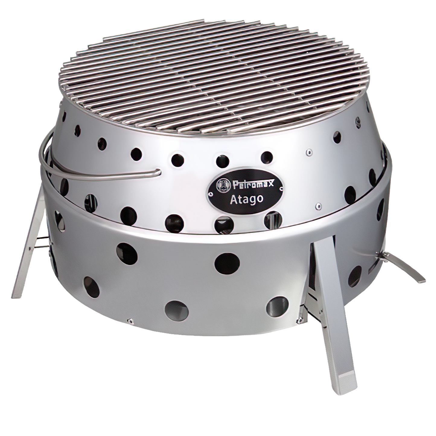Round stainless steel charcoal grate with parallel bars and vented stainless steel body, designed for stable fuel use in outdoor camping and backyard settings, included in Farm, Garden & Tool, Camping, Best Sellers, and Promo Eligible collections.