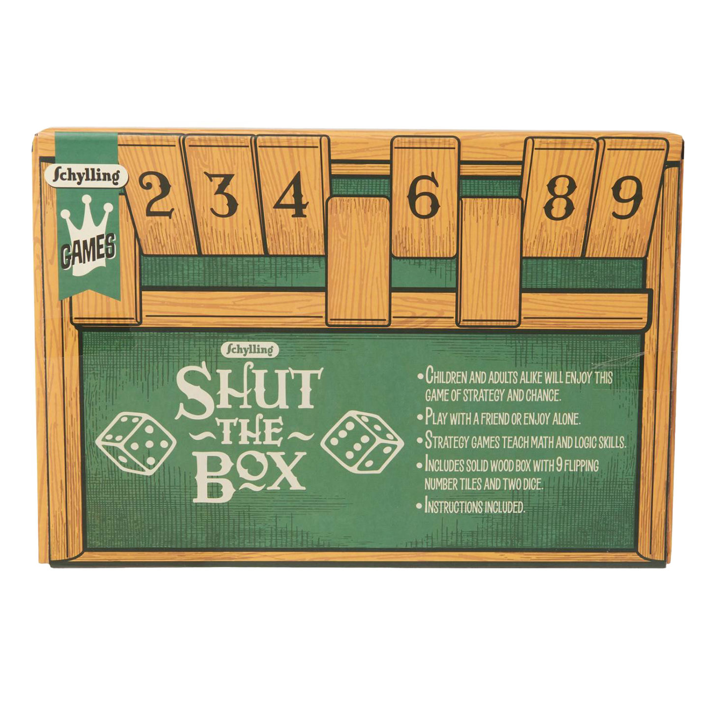 Classic wooden Shut the Box game set featuring nine hinged number tiles and two dice, designed to develop math and reasoning skills, part of Toys, Games and Puzzles collections.