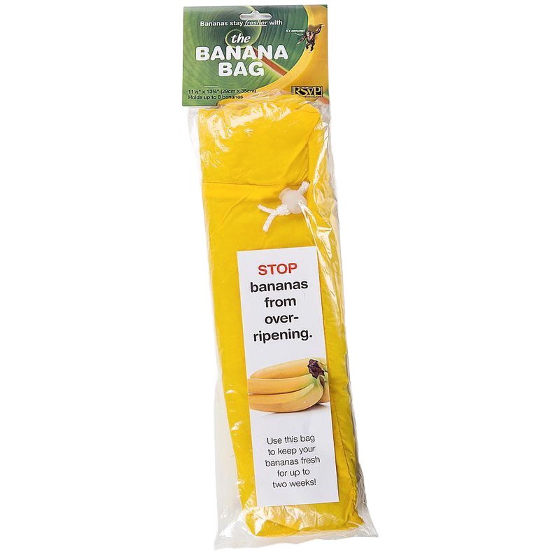 Bright yellow banana storage bag with drawstring closure, designed to keep fruit fresh longer, made of food-grade materials, featured in Kitchen & Food, Storage and Serving, and Best Sellers collections.