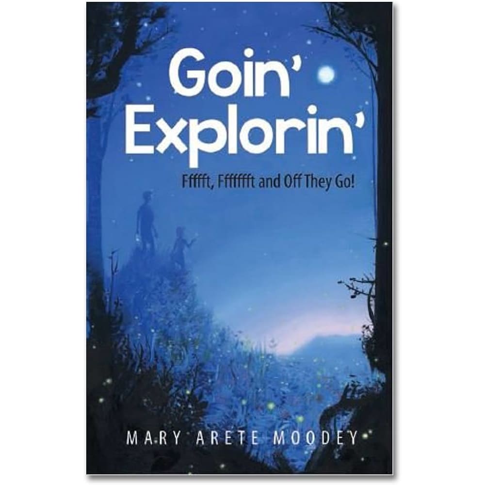 Illustrated children's book cover titled Goin' Explorin' featuring a whimsical nighttime forest scene with silhouettes of children exploring under a starry sky, handcrafted and made in USA, featured in Toys, Books & Games and Children's Books collections.