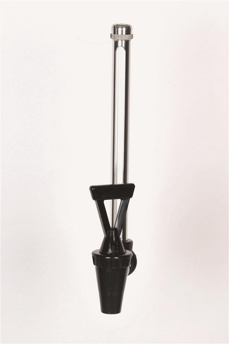 Long clear glass tube attached to a black plastic water spigot with a metal securing cap, designed for easily monitoring water levels in Berkey water filters, featured in Appliances and Water Heating collections.